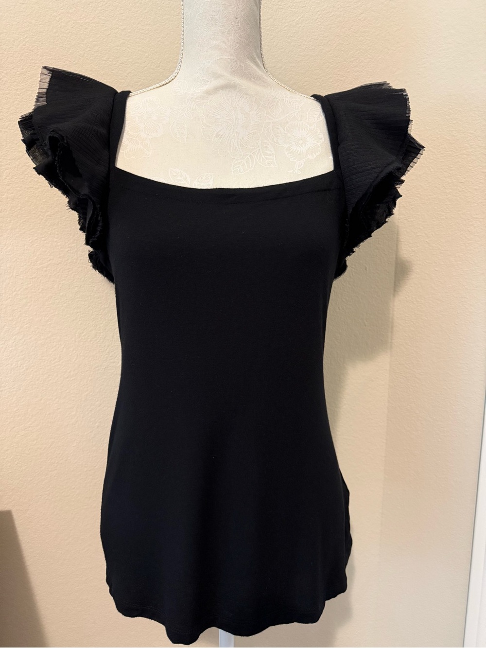 Vivienne Tam Black Square Neck Flutter Sleeve Knit Top Medium Vintage